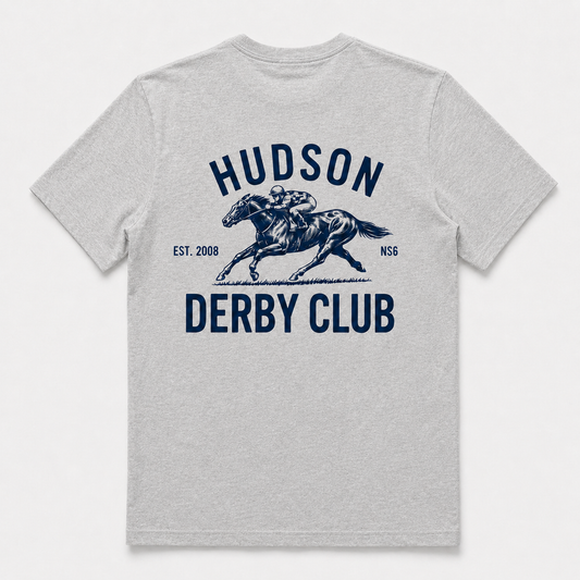 Gray t-shirt with 'Hudson Derby Club' graphic and text on a white background