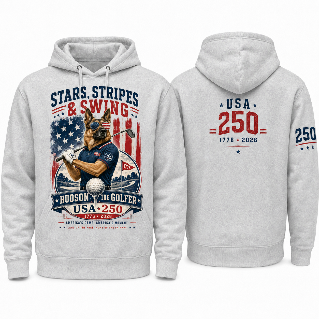 Heather grey Hudson the Golfer Stars, Stripes & Swing hoodie shown front and back with patriotic golf artwork, USA 250 back graphic, and 250 right-sleeve detail.