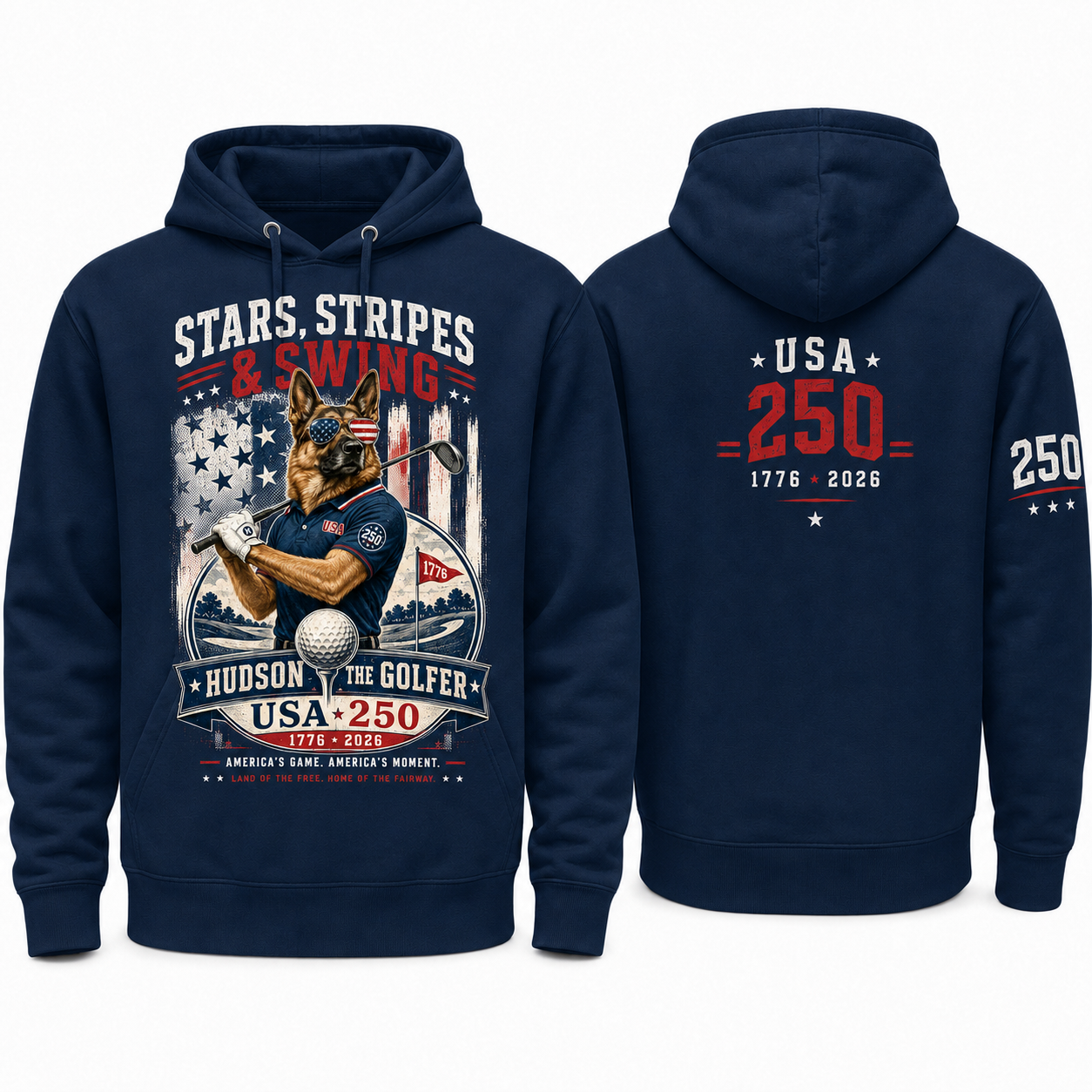 Navy Hudson the Golfer Stars, Stripes & Swing hoodie shown front and back with patriotic golf artwork, USA 250 back graphic, and 250 right-sleeve detail.