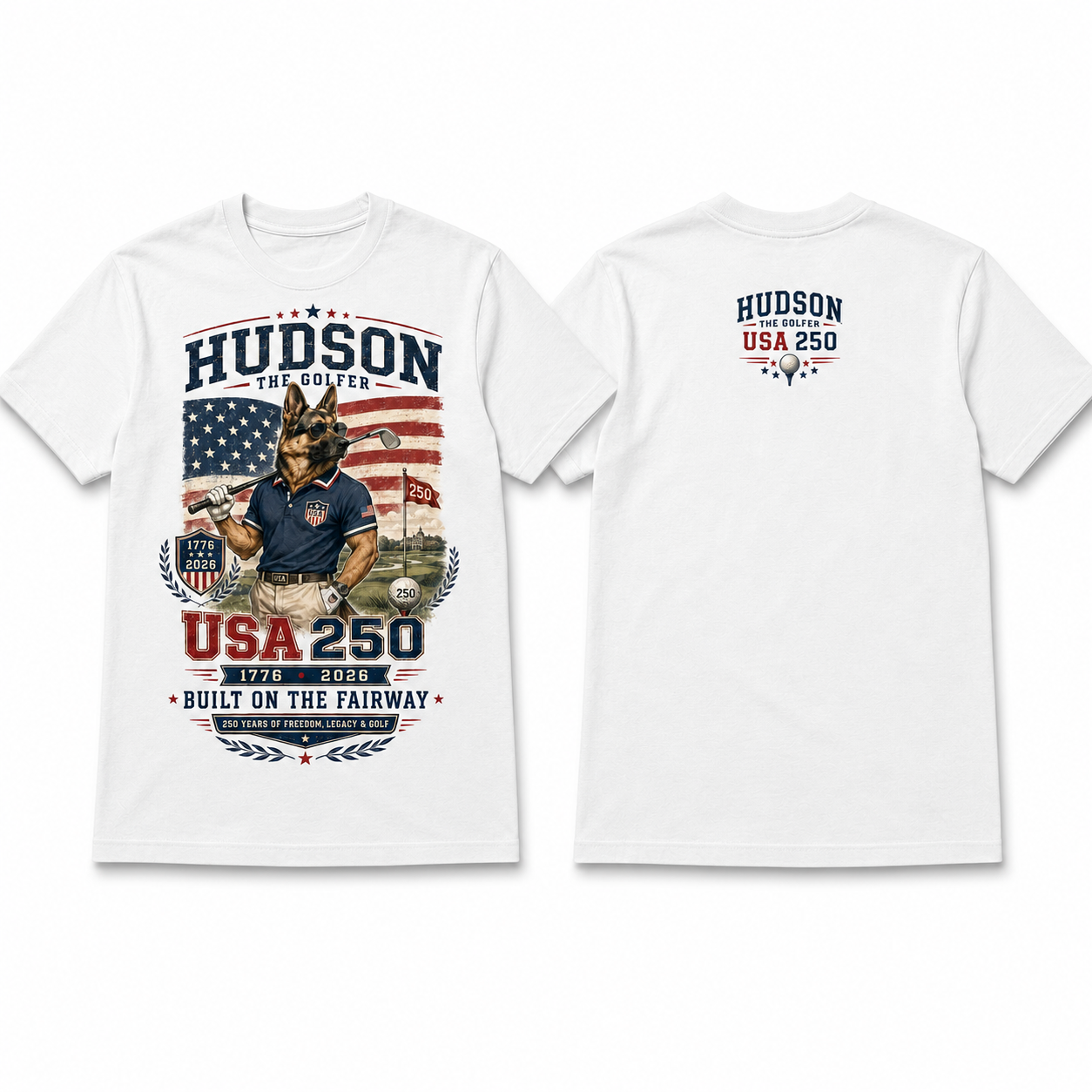 White Hudson the Golfer USA 250 cotton tee with patriotic American flag golf artwork, Hudson holding a golf club, 1776–2026 detail, and Built on the Fairway text.