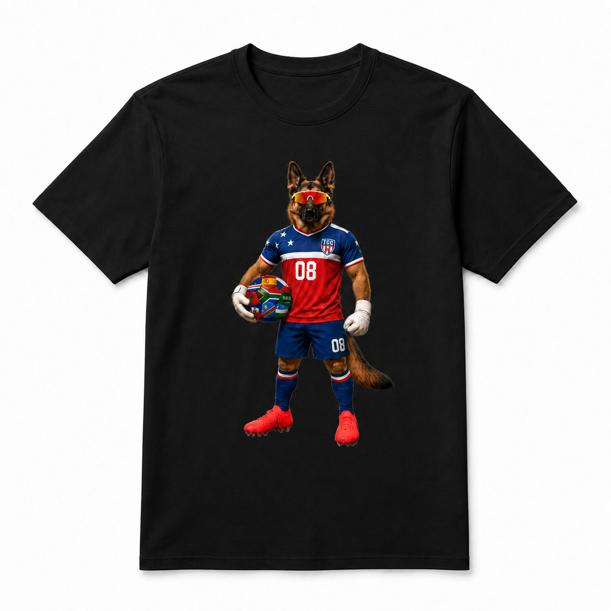 Black Hudson the Soccer Player tee with German Shepherd soccer player graphic wearing a red, white, and blue TGC kit and holding a multi-nation soccer ball.