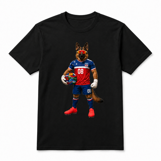 Black Hudson the Soccer Player tee with German Shepherd soccer player graphic wearing a red, white, and blue TGC kit and holding a multi-nation soccer ball.