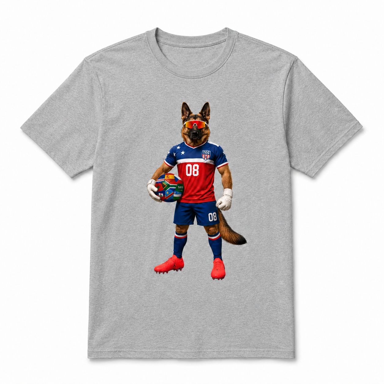 Heather grey Hudson the Soccer Player tee with German Shepherd soccer player graphic wearing a red, white, and blue TGC kit and holding a multi-nation soccer ball.
