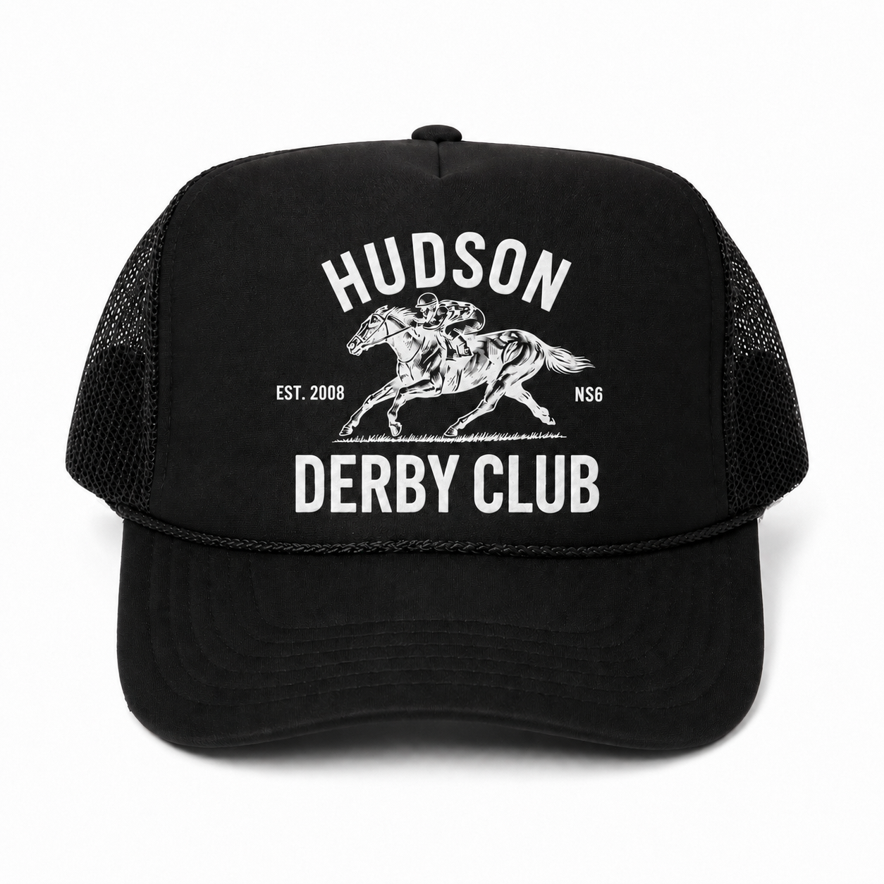 Hudson Derby Club black trucker cap front view with white horse-and-jockey artwork by The Golf Company Ltd.