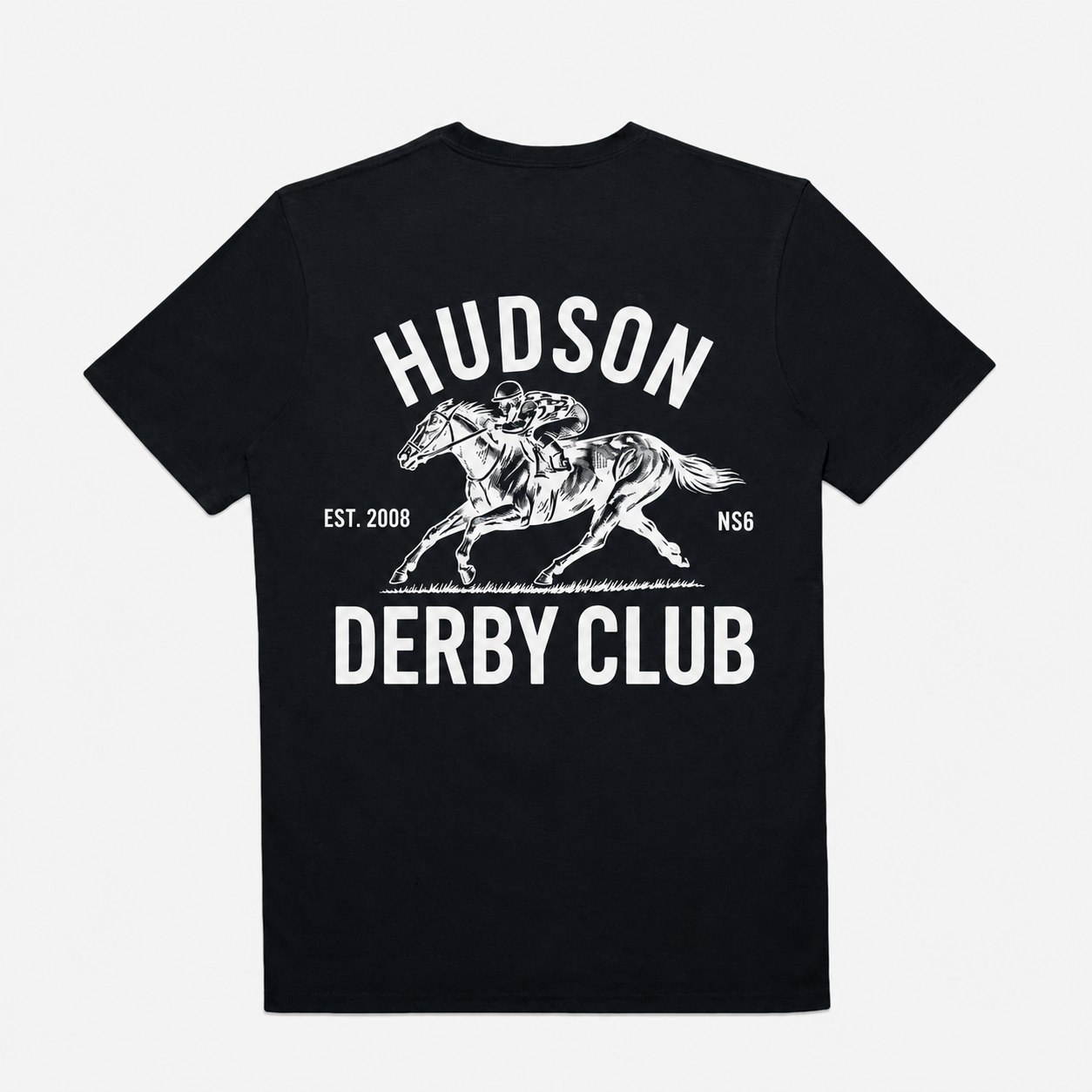 Black t-shirt with white graphic and text 'Hudson Derby Club' on a light gray background