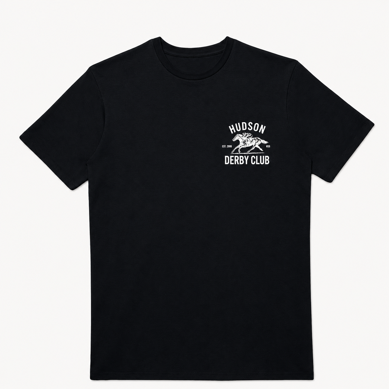 Black t-shirt with 'Hudson Derby Club' text and graphic on a white background