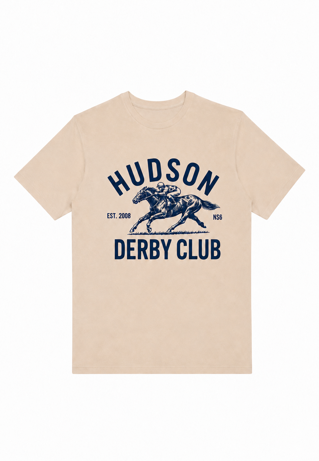 Hudson Derby Club tee in sandshell with navy front graphic by The Golf Company Ltd.