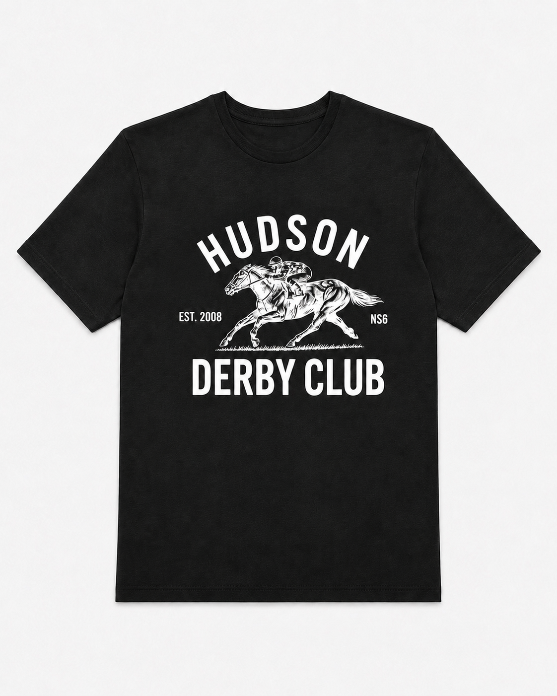 Hudson Derby Club tee in black with white front graphic by The Golf Company Ltd.