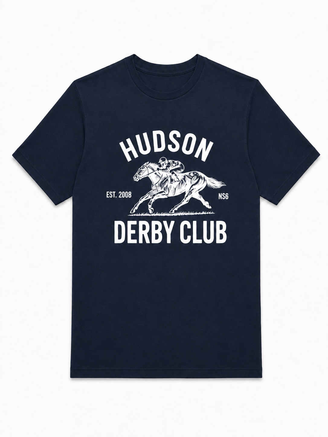 Hudson Derby Club tee in navy with white front graphic by The Golf Company Ltd.