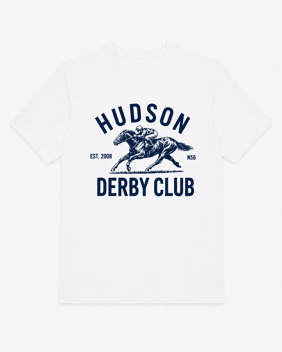 Hudson Derby Club tee in white with navy front graphic by The Golf Company Ltd.