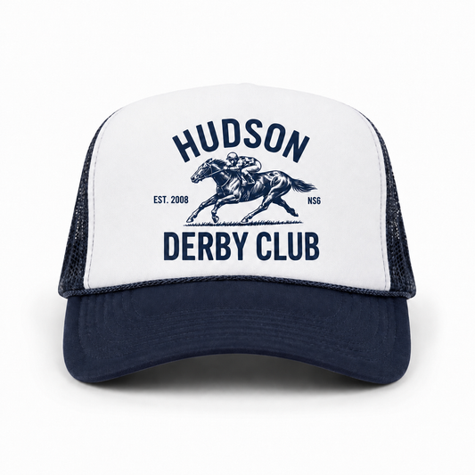 Hudson Derby Club white and navy trucker cap front view with navy horse-and-jockey artwork by The Golf Company Ltd.