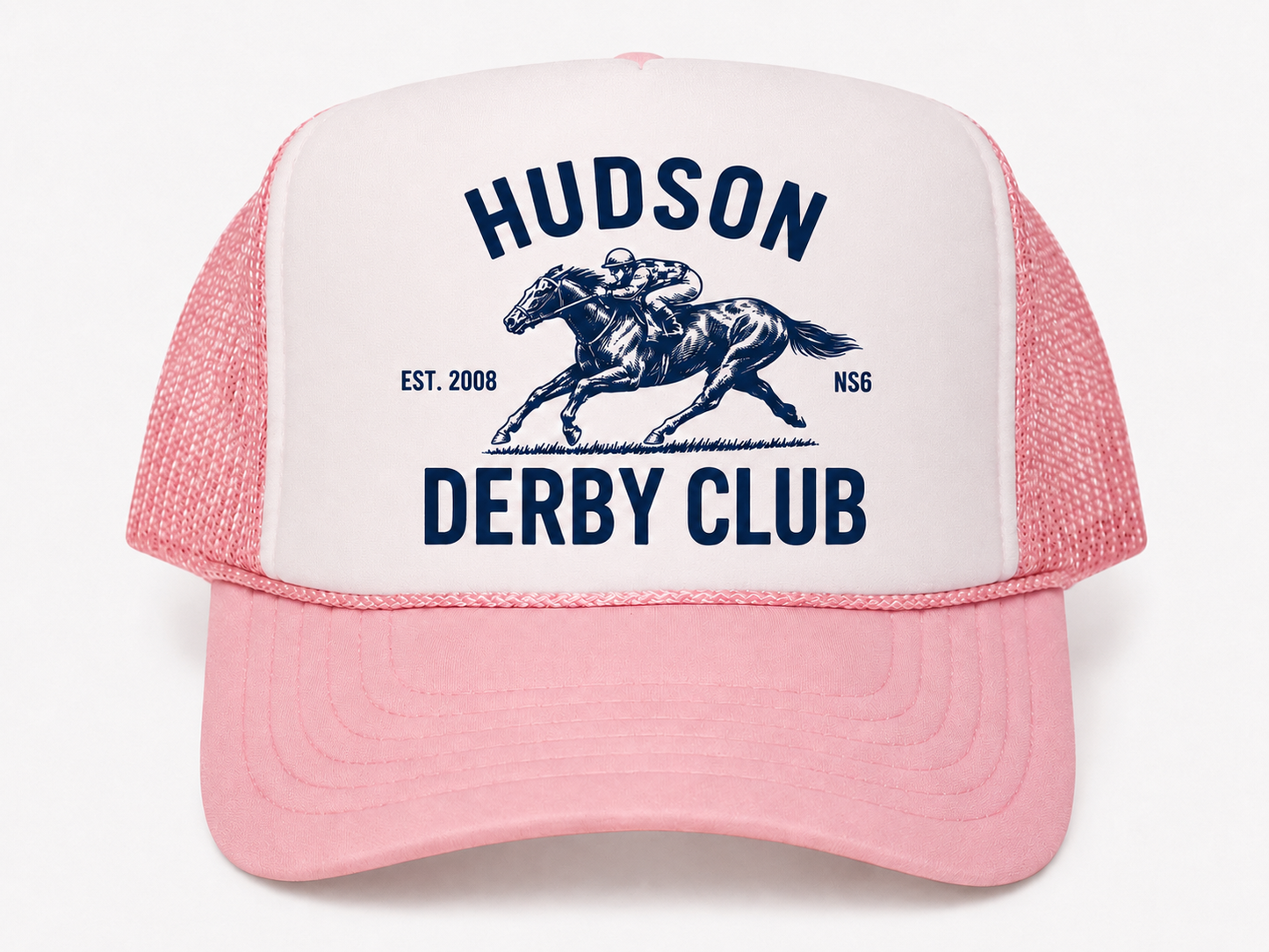 Hudson Derby Club white and pink trucker cap front view with navy horse-and-jockey artwork by The Golf Company Ltd.