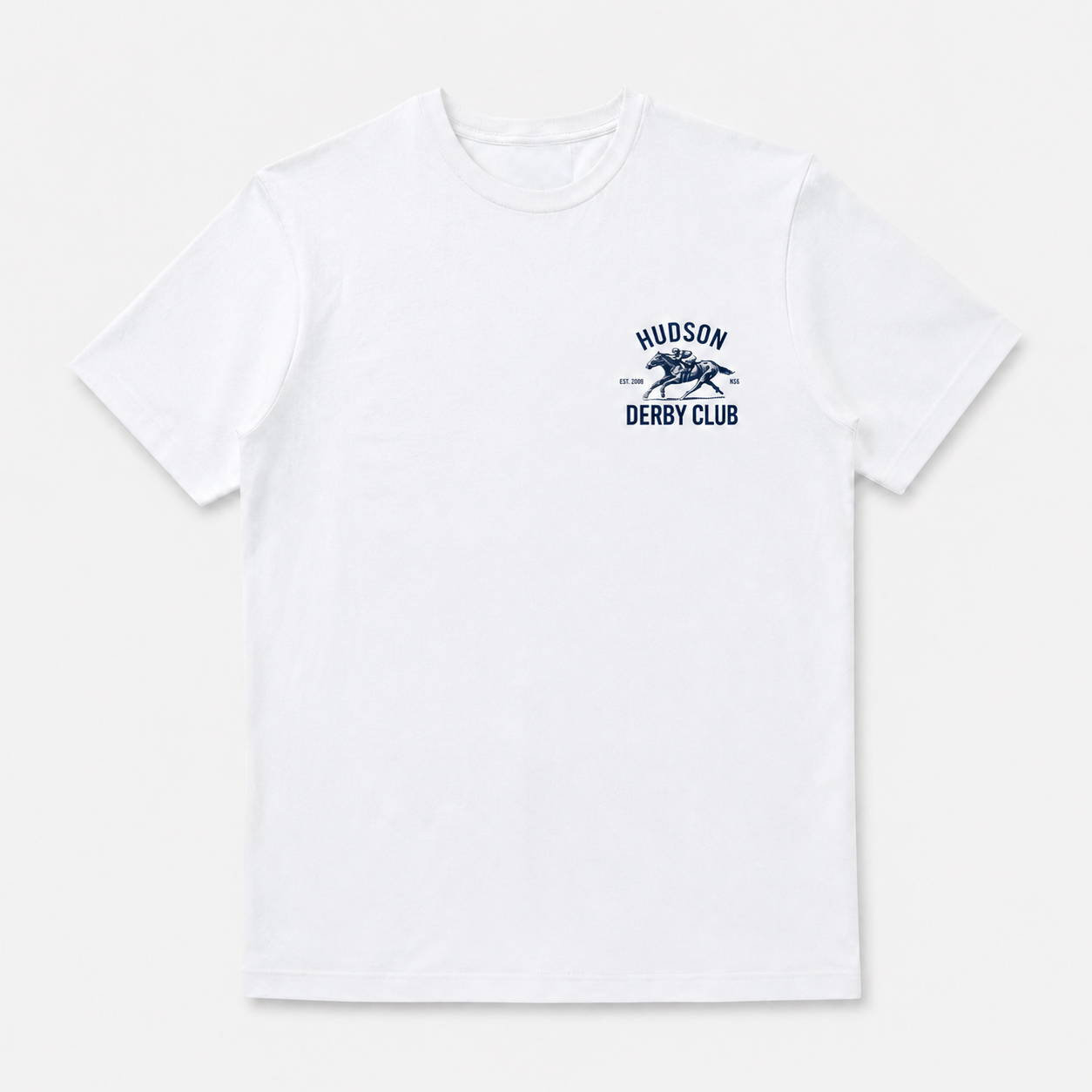 White t-shirt with 'Hudson Derby Club' logo on a white background