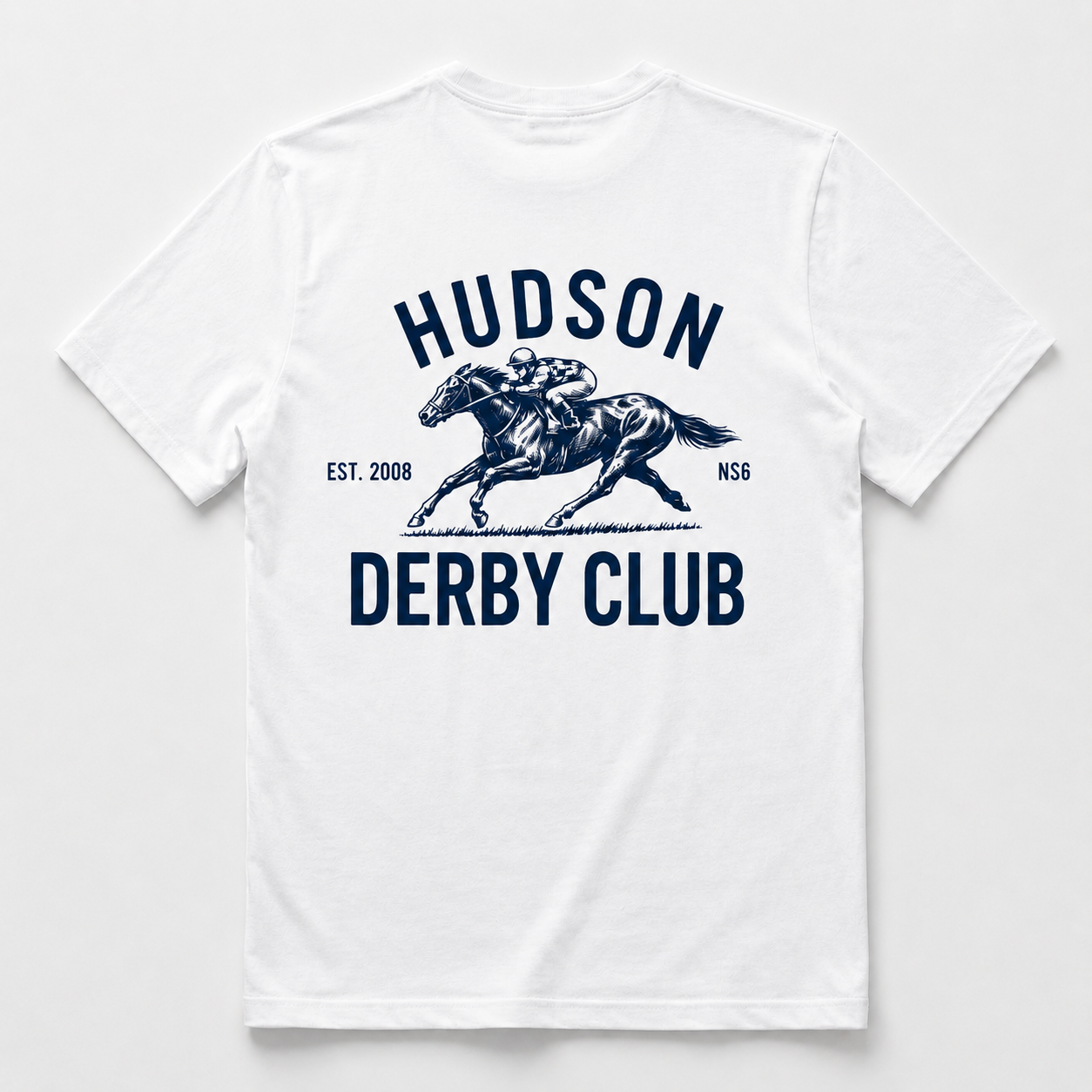 White t-shirt with 'Hudson Derby Club' graphic and text on a white background