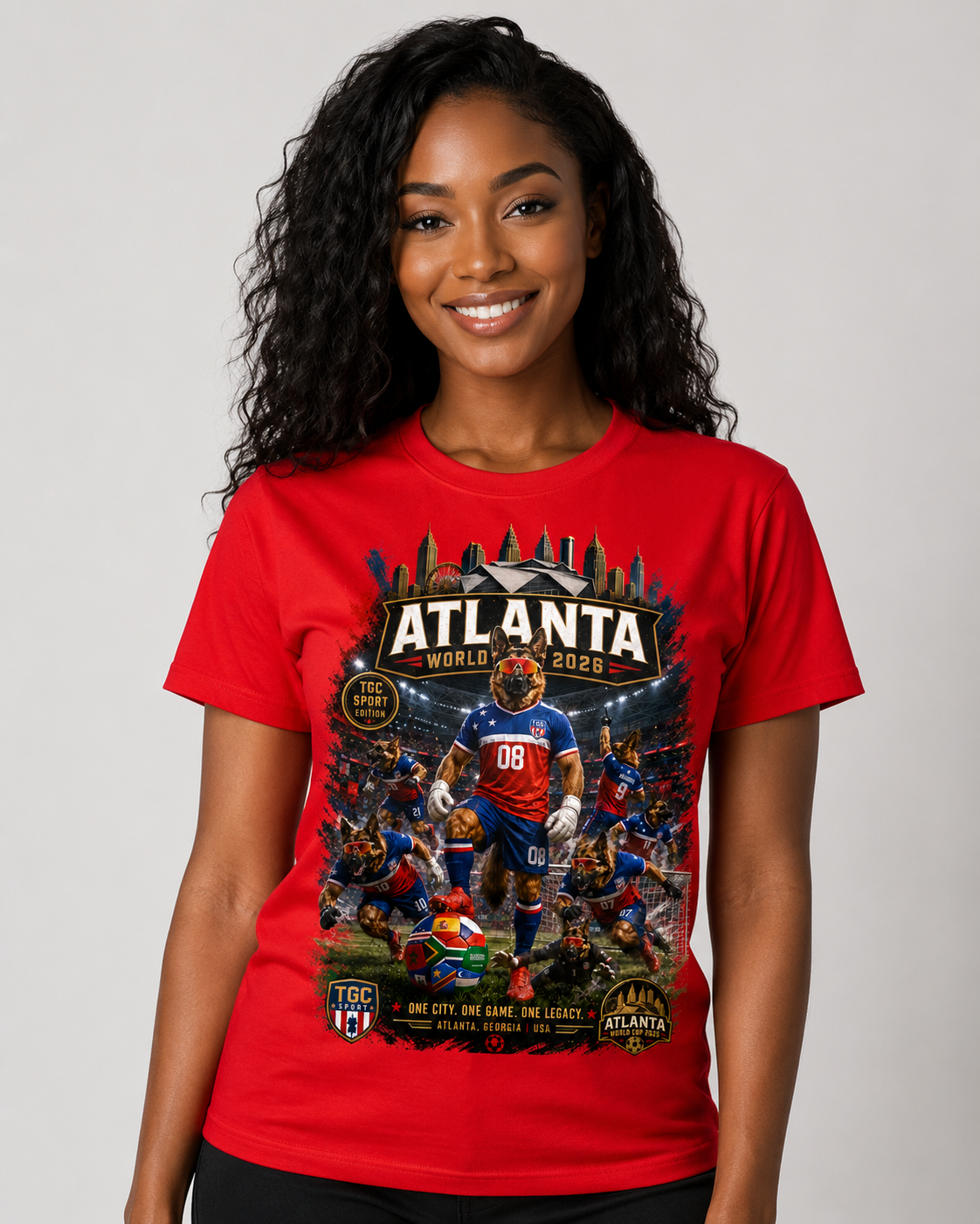 A smiling woman with long curly black hair models a red short-sleeve graphic T-shirt against a light gray studio background. The shirt features a large multicolor Atlanta World 2025 sports graphic on the front with a football player and stadium scene.