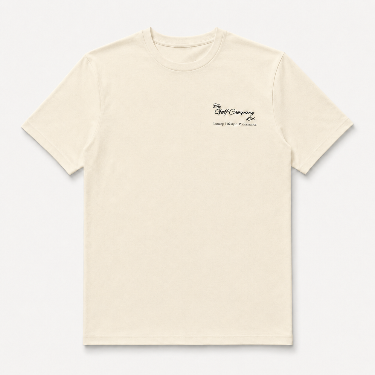 Beige t-shirt with a small logo on the chest against a white background