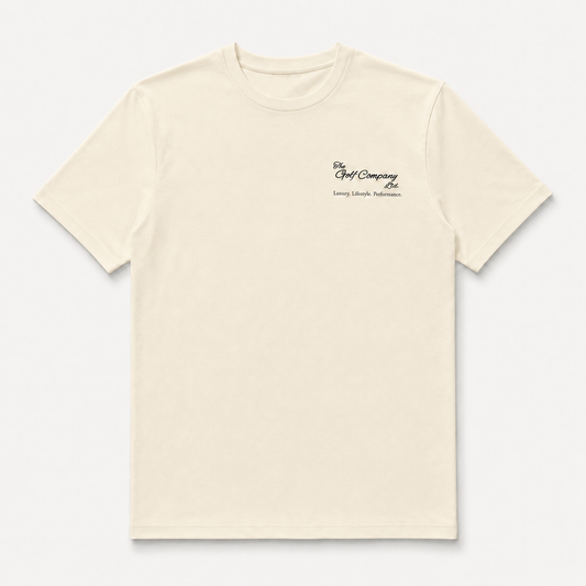 Beige t-shirt with a small logo on the chest against a white background