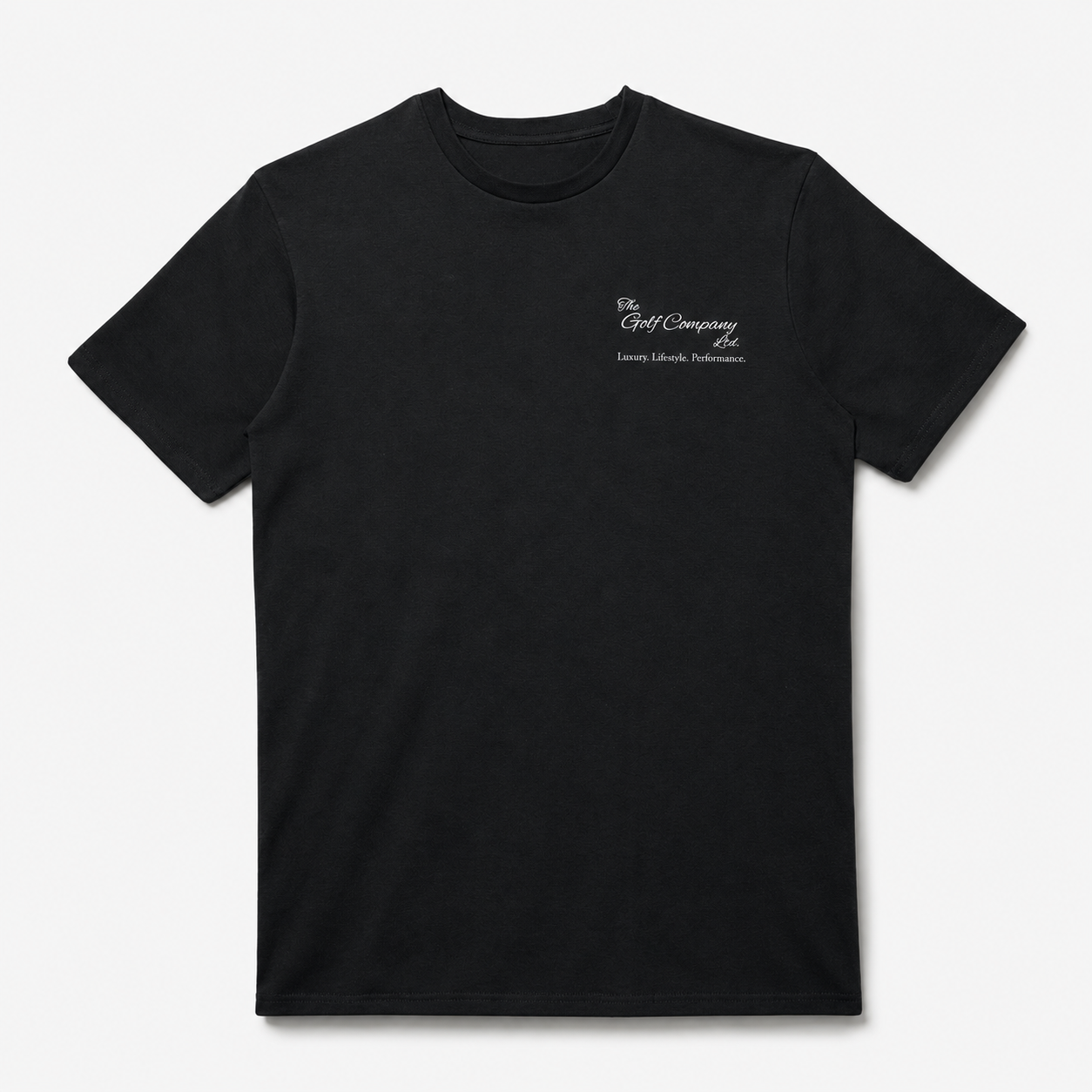 Black t-shirt with a small logo on the chest against a white background