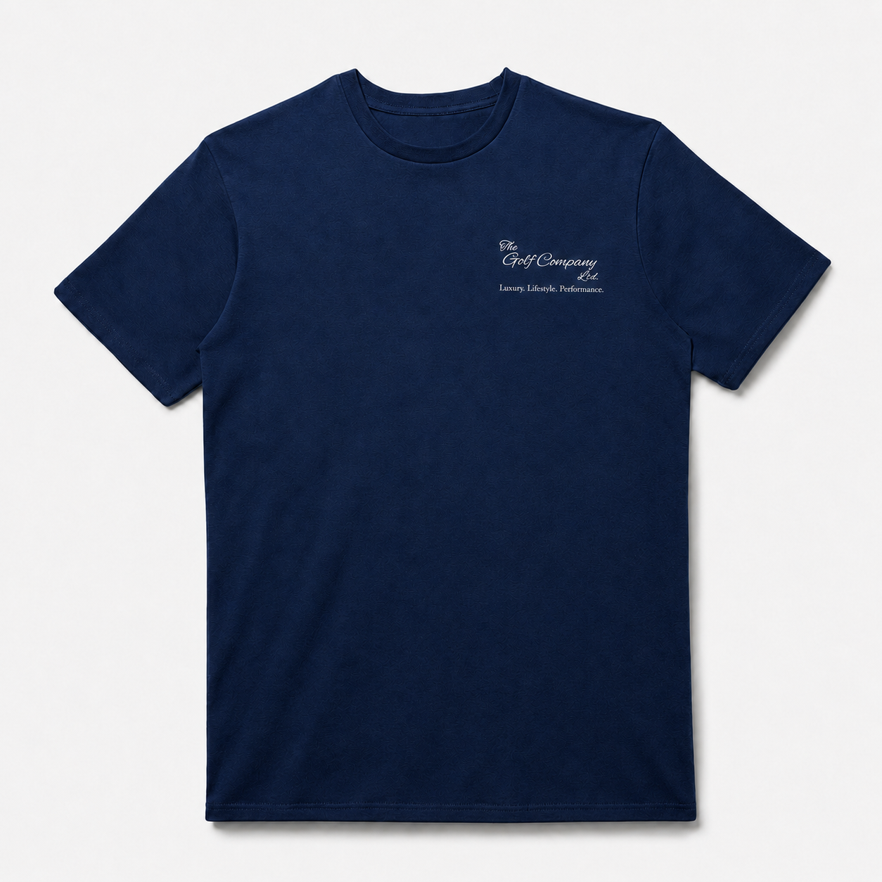 Navy blue t-shirt with a logo on the chest against a light gray background