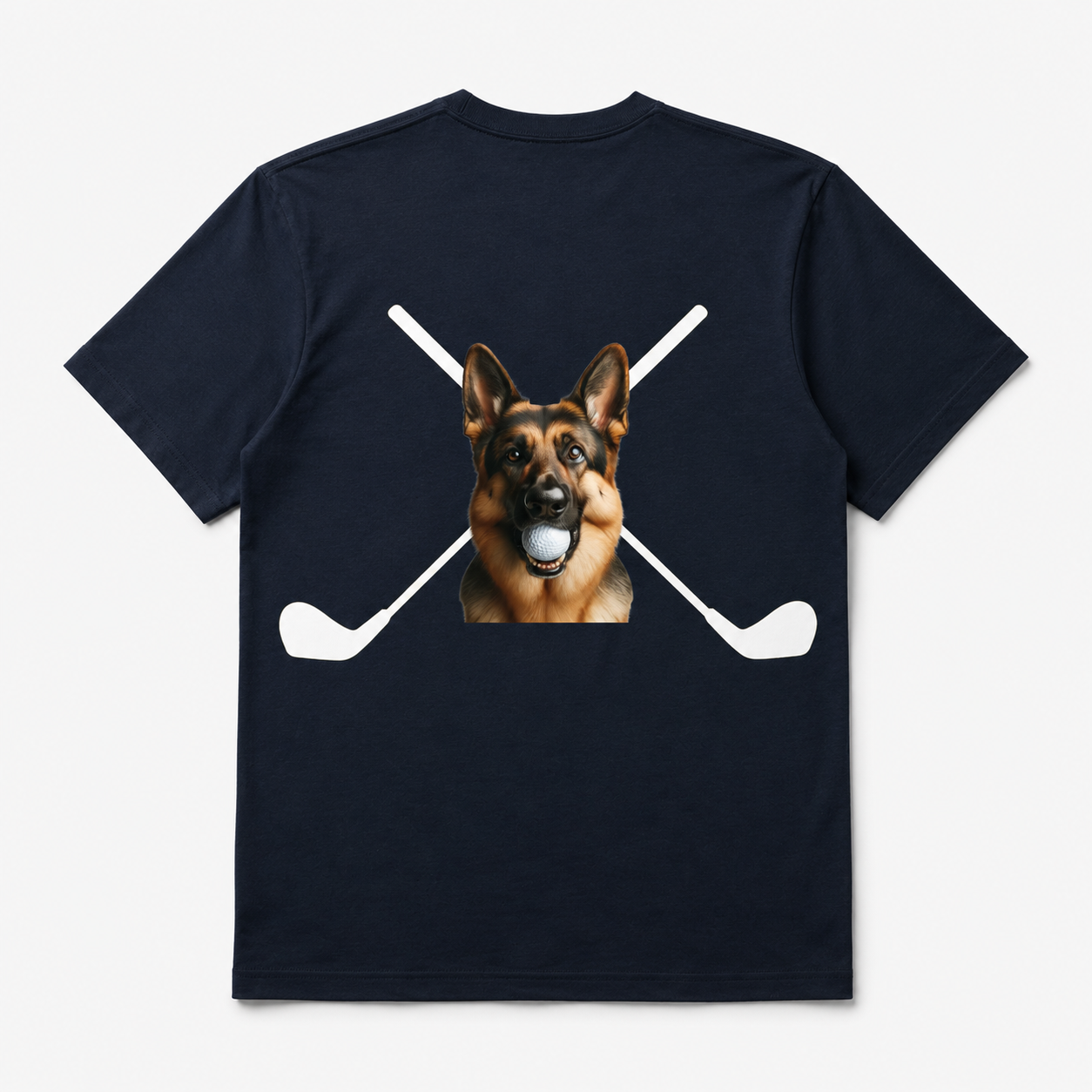Navy t-shirt with a German Shepherd graphic and crossed golf clubs on a white background
