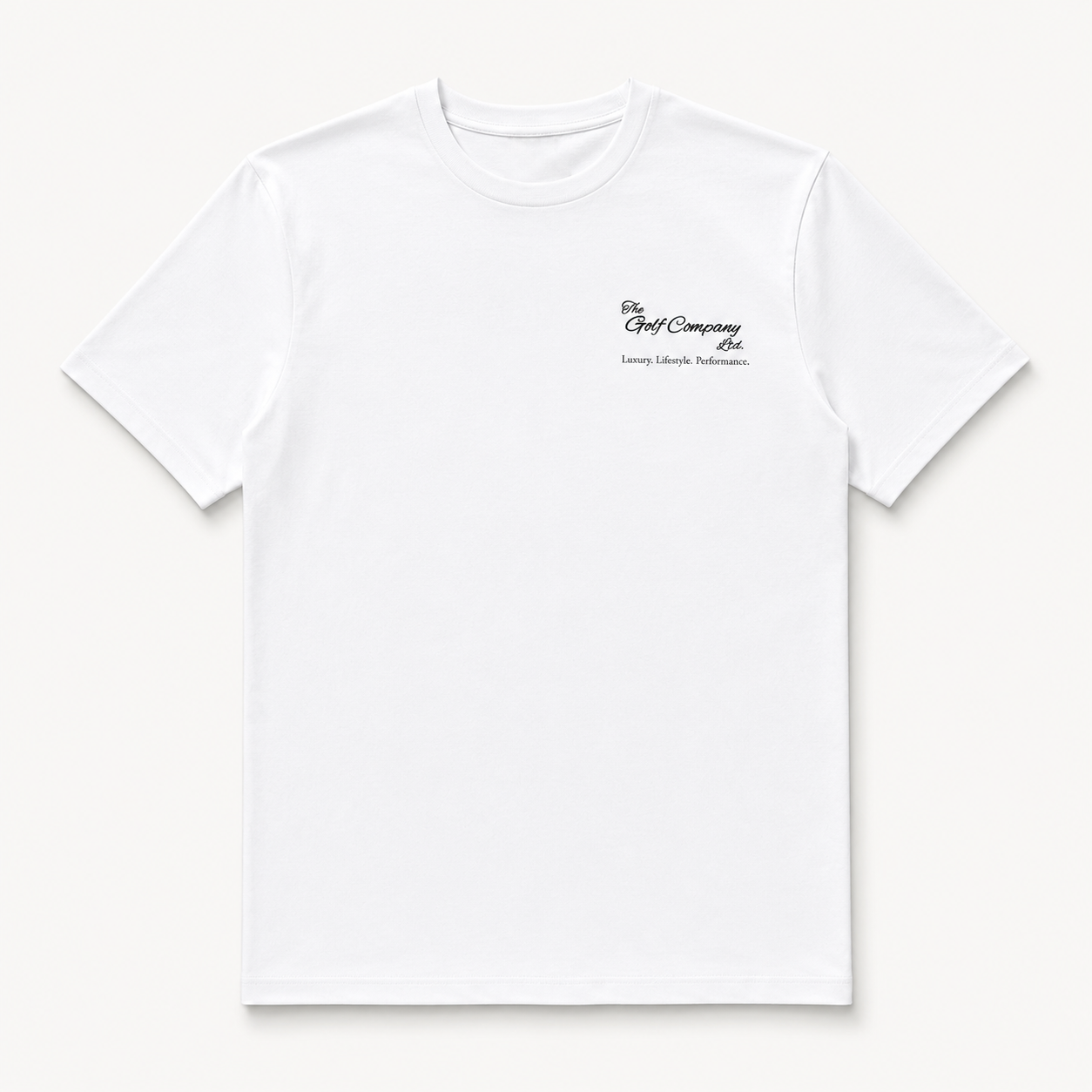 White t-shirt with a logo on a white background