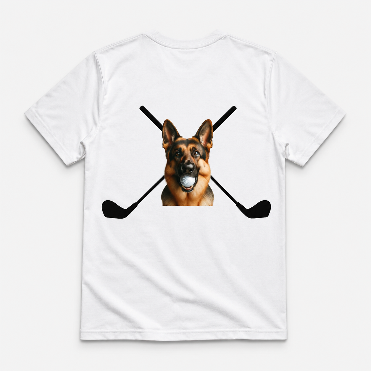 White t-shirt with a graphic of a German Shepherd dog between two crossed golf clubs on a white background