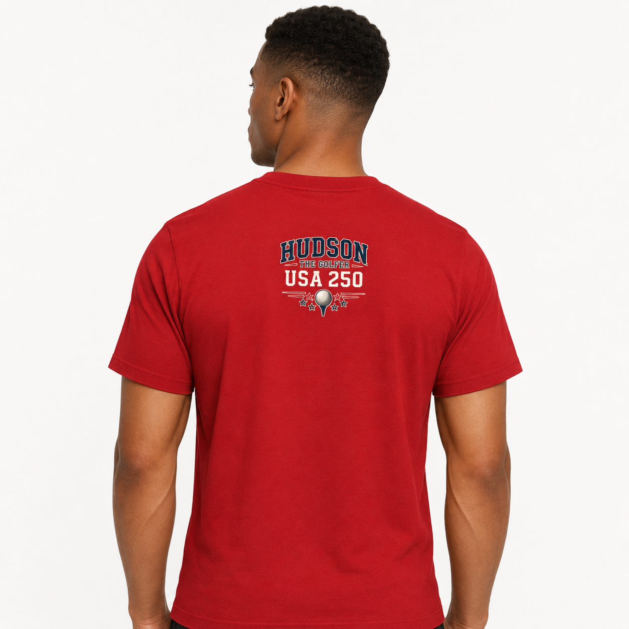 Red Hudson the Golfer USA 250 cotton tee with a small upper-back Hudson the Golfer USA 250 golf emblem.