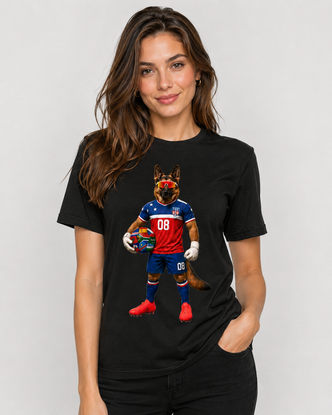 A woman modeling a black short-sleeve t-shirt with a colorful graphic of a German Shepherd soccer player wearing a red and blue jersey with the number 08.
