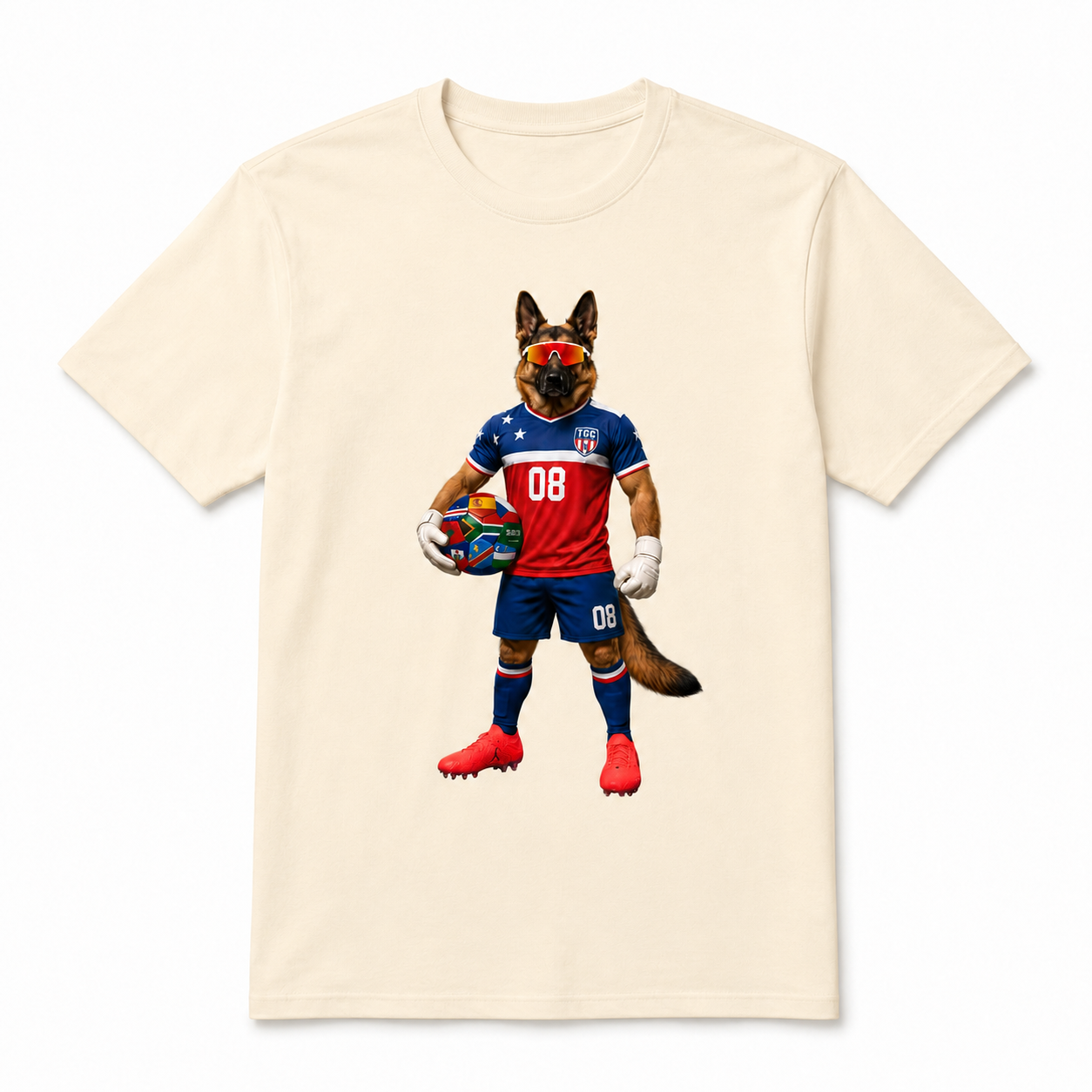 Cream Hudson the Soccer Player tee with German Shepherd soccer player graphic wearing a red, white, and blue TGC kit and holding a multi-nation soccer ball.