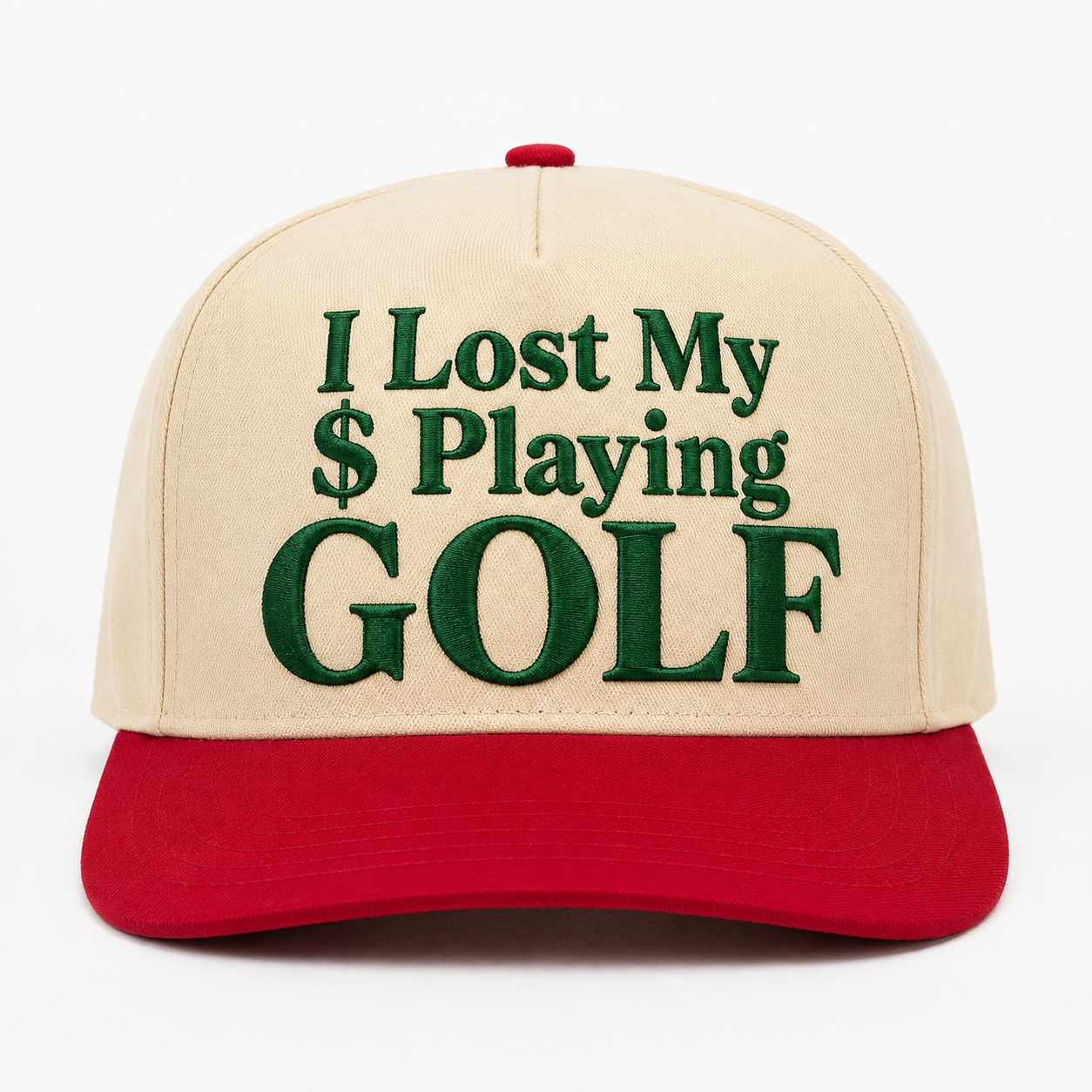 Cream and red snapback cap with green embroidered “I Lost My $ Playing Golf” front design