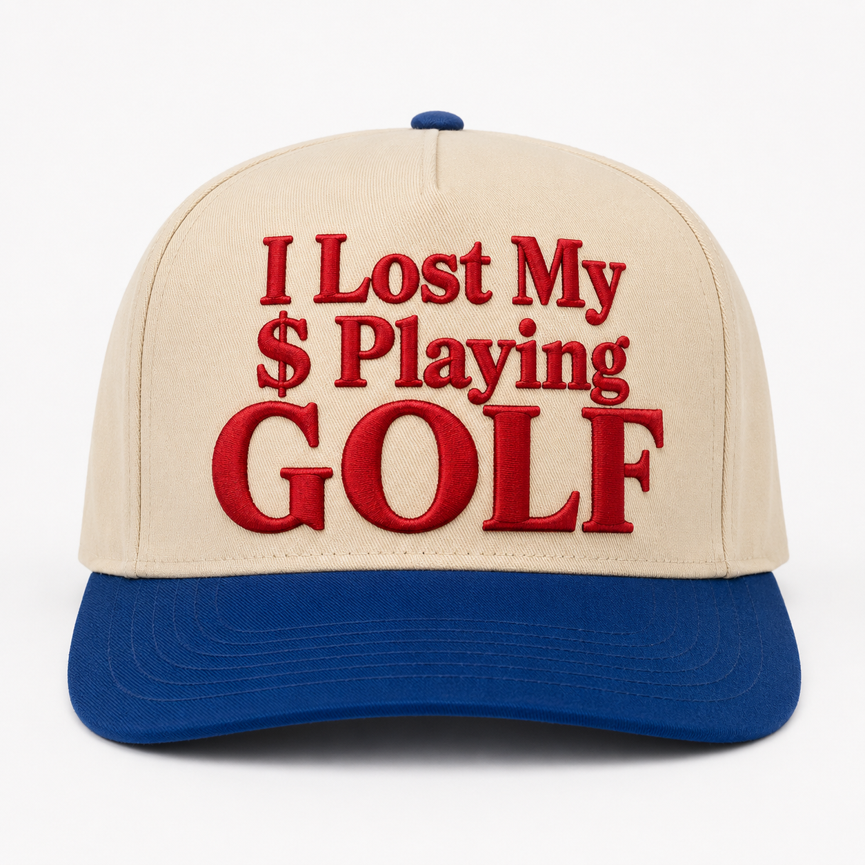 Cream and royal blue snapback cap with red embroidered “I Lost My $ Playing Golf” front design