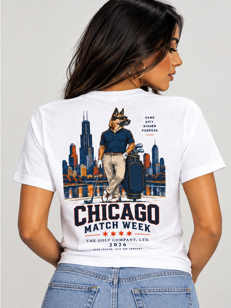 Back view of a Latin female model wearing the white Chicago Match Week City Culture Tee, featuring Hudson the Golfer, the Chicago skyline, and Chicago Match Week back graphics.