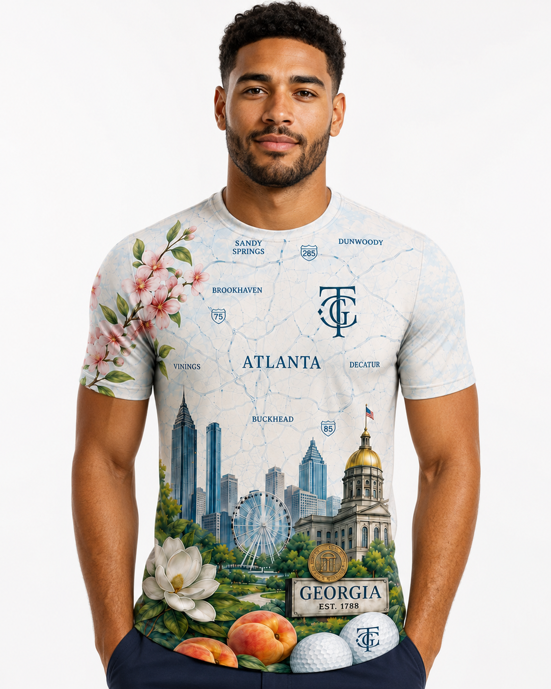 A man wearing a short-sleeve graphic t-shirt featuring an Atlanta-themed map design with floral elements, city landmarks, and golf imagery, on a white studio background.
