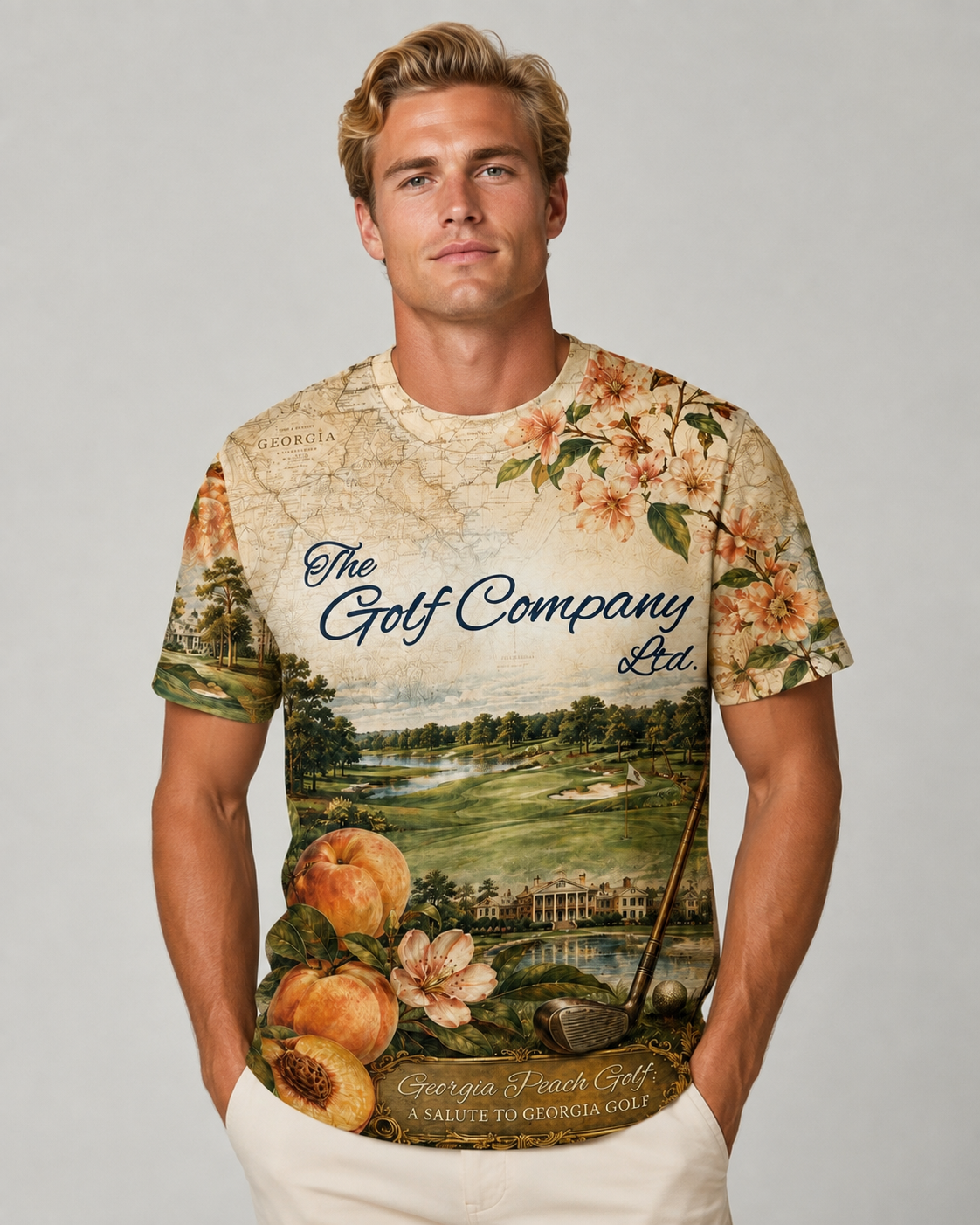 A man wearing a short-sleeve graphic t-shirt with a vintage-style map background, featuring peach illustrations, a golf course scene, and the text 'The Golf Company Ltd.' and 'Georgia Dream Golf'.