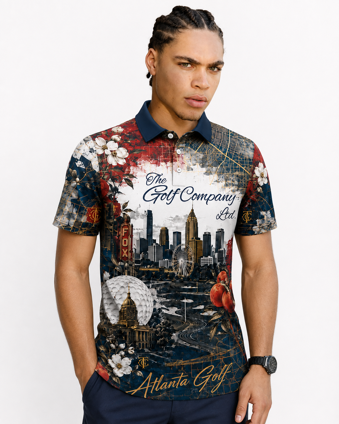 A man wearing a short-sleeve polo shirt with a detailed Atlanta golf-themed graphic print, featuring city skyline, golf course, and text reading 'The Golf Company Ltd' and 'Atlanta Golf', against a plain white background.