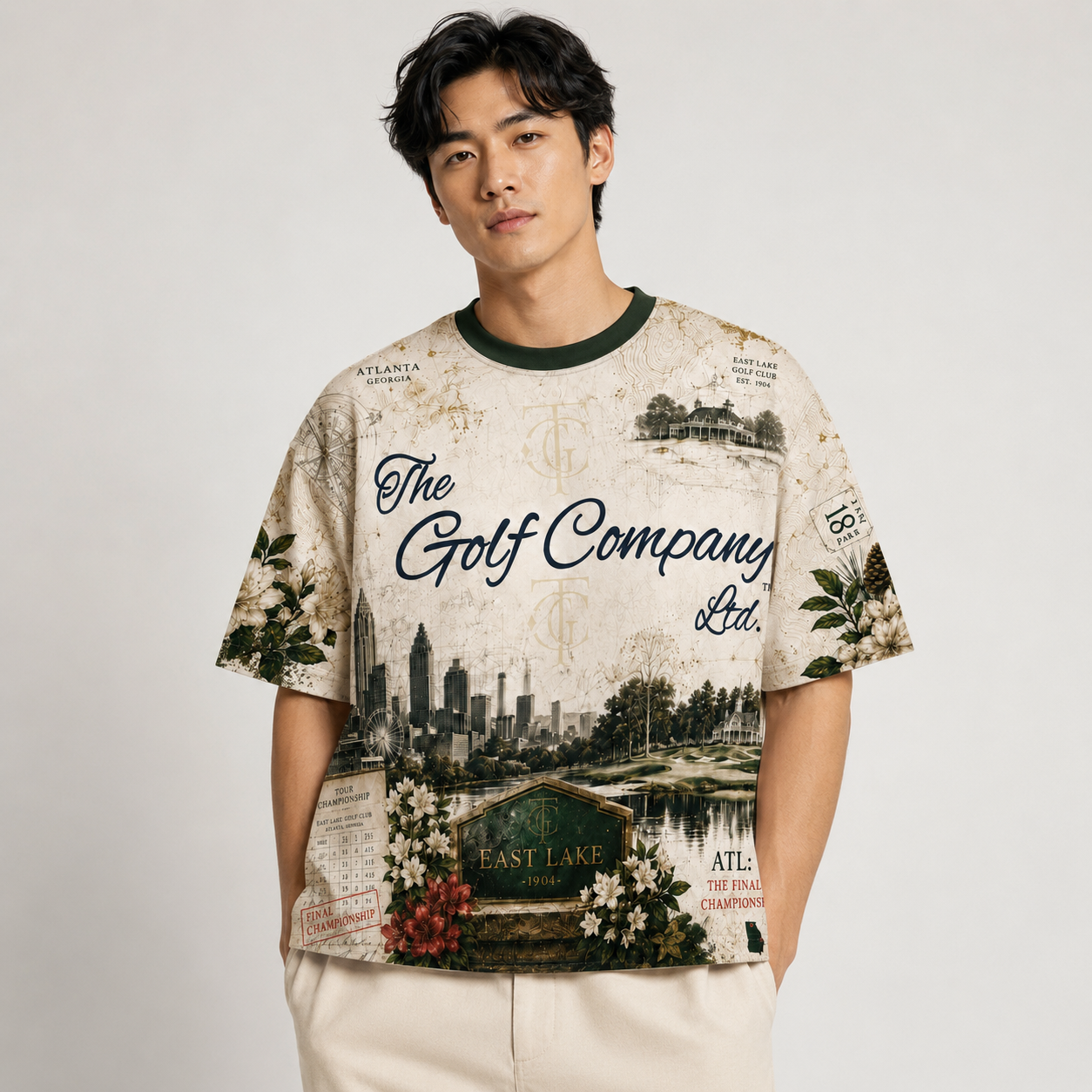 A man wearing a vintage-style graphic t-shirt with a golf-themed print, featuring 'The Golf Company Ltd.' text and illustrations of golf courses and cityscapes, paired with light beige pants, against a plain light gray background.