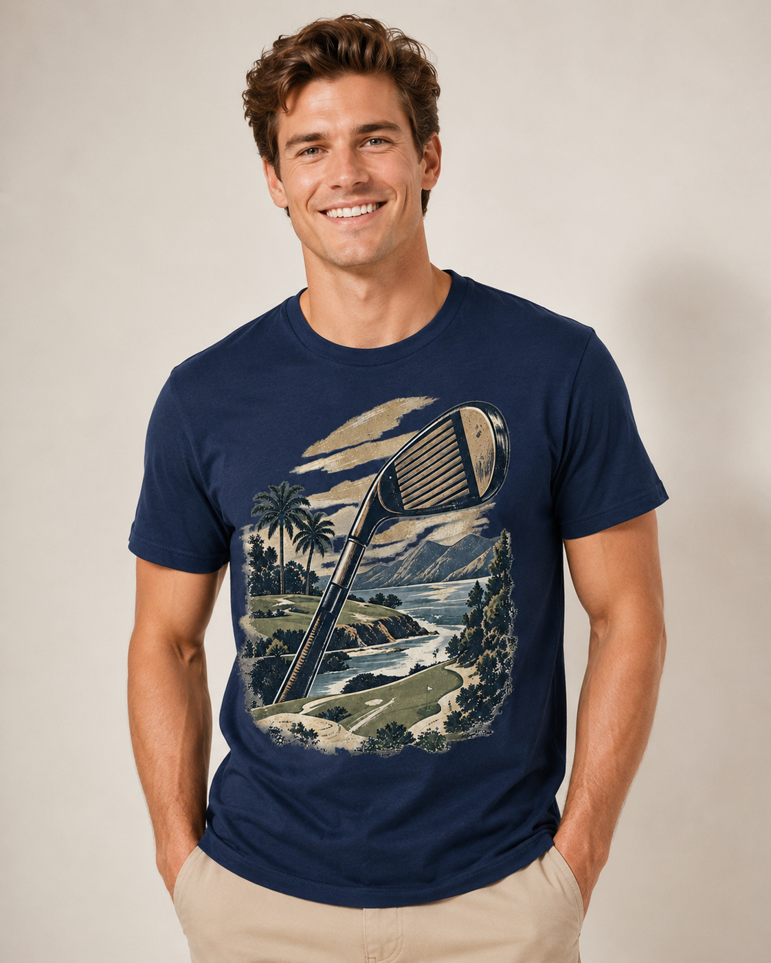 A smiling man wearing a navy blue crewneck t-shirt with a vintage-style graphic of a golf iron and a coastal landscape, paired with khaki pants, set against a plain beige studio background.