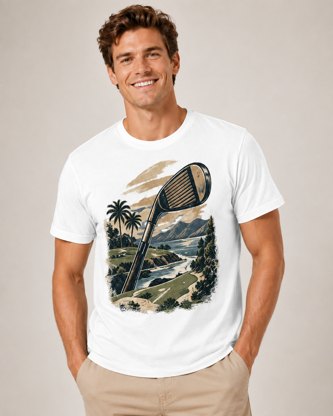 A smiling man wearing a white short-sleeve graphic t-shirt with a vintage-style illustration of a golf club and a golf course landscape, paired with khaki pants, against a neutral beige background.