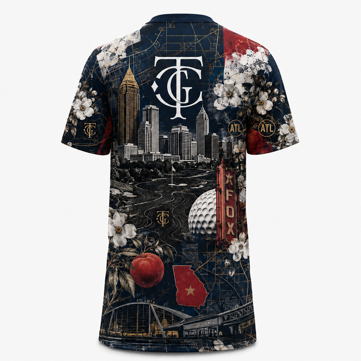 A short-sleeve crewneck t-shirt featuring an all-over collage print of the Tampa Bay Buccaneers theme. The design includes the team's 'TCG' monogram logo, the Tampa skyline, golf course imagery, a red apple, a golf ball, and white flowers on a dark navy background.