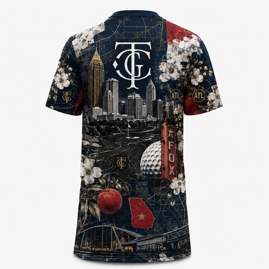 A short-sleeve crewneck t-shirt featuring an all-over collage print of the Tampa Bay Buccaneers theme. The design includes the team's 'TCG' monogram logo, the Tampa skyline, golf course imagery, a red apple, a golf ball, and white flowers on a dark navy background.