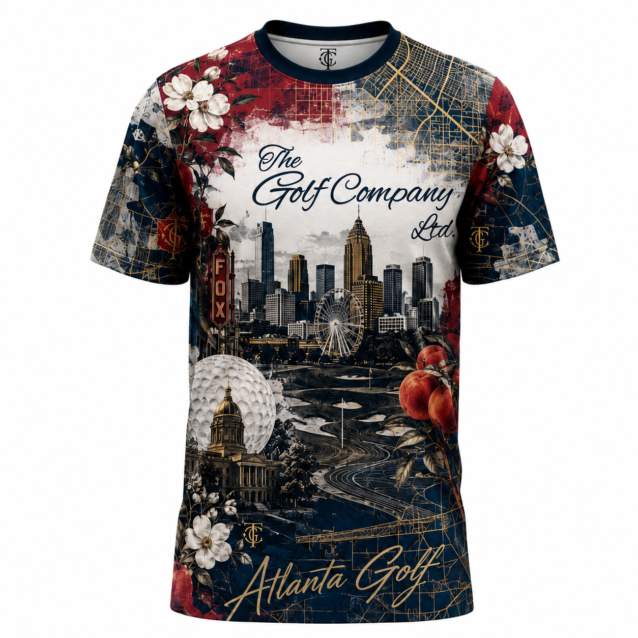 A short-sleeve crewneck t-shirt featuring a detailed Atlanta golf-themed graphic print. The design includes the text 'The Golf Company Ltd.
