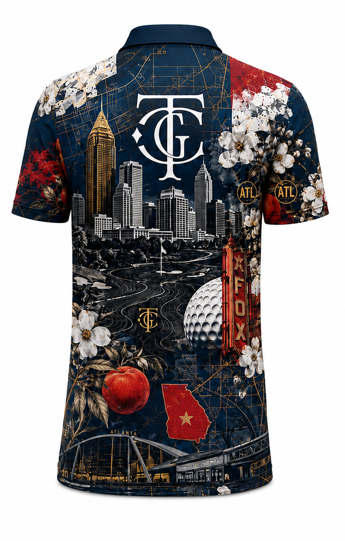 A short-sleeve collared polo shirt with a complex graphic print featuring the Tampa Bay Rays 'TC' logo, city skyline, golf course, flowers, and red accents on a dark navy background.