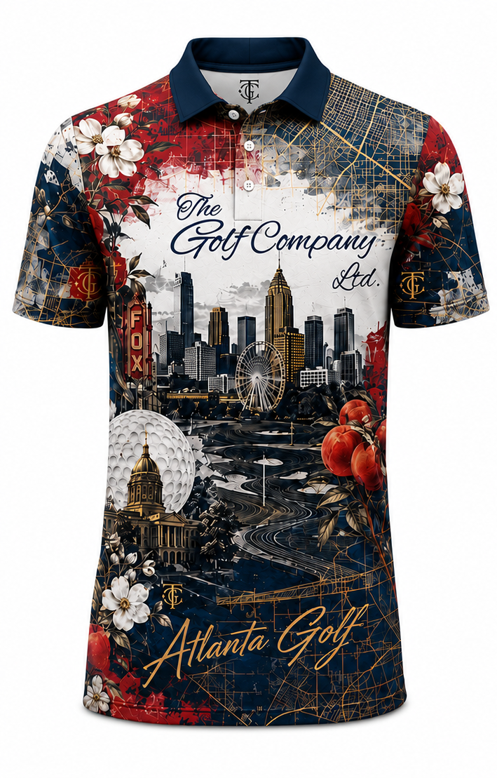 A short-sleeve polo shirt with a complex all-over graphic print featuring an Atlanta city skyline, golf course imagery, flowers, and the text 'The Golf Company Ltd.' and 'Atlanta Golf'.