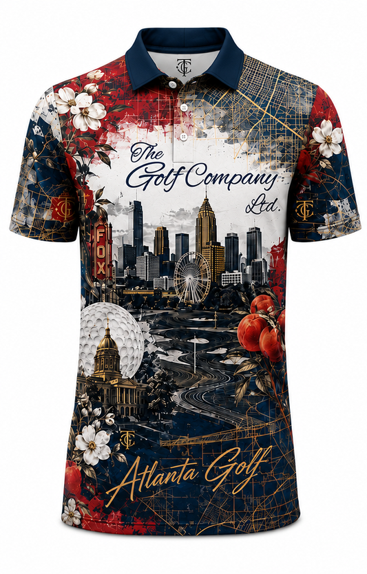 A short-sleeve polo shirt with a complex all-over graphic print featuring an Atlanta city skyline, golf course imagery, flowers, and the text 'The Golf Company Ltd.' and 'Atlanta Golf'.