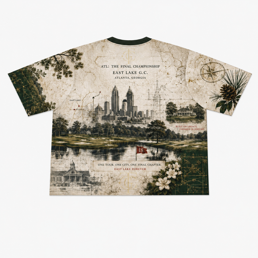 Men’s ATL East Lake Heritage All-Over Oversized Tee back view with East Lake championship artwork.
