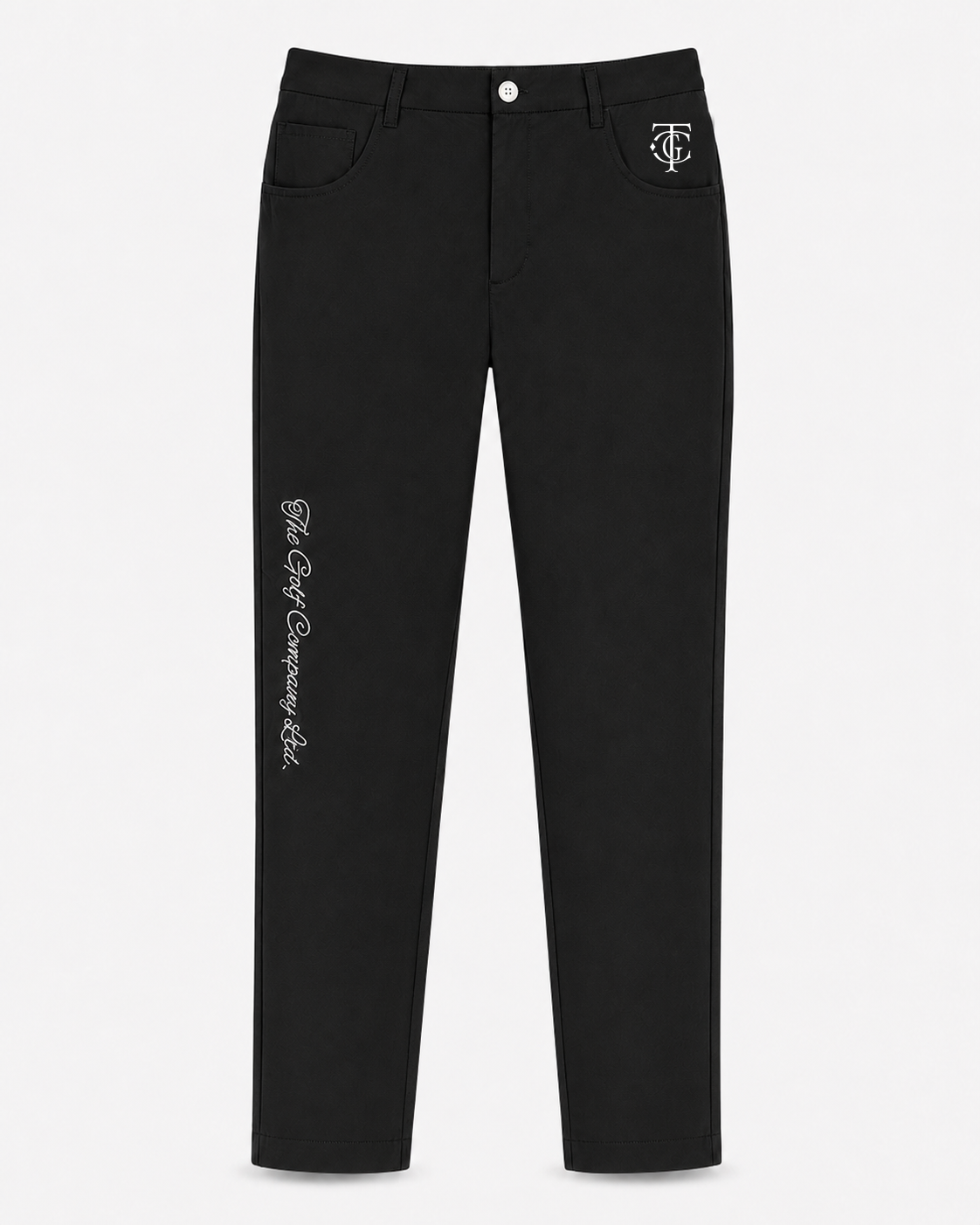 Black slim-fit jeans with a white embroidered monogram logo on the right pocket and white script embroidery on the left leg, shown against a light gray background.