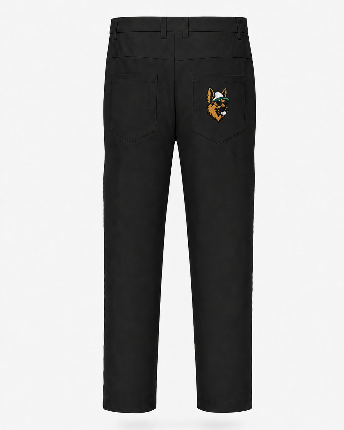 Black straight-leg work pants shown from the back, featuring a small embroidered German Shepherd graphic on the right pocket with a green safety vest and white hard hat.