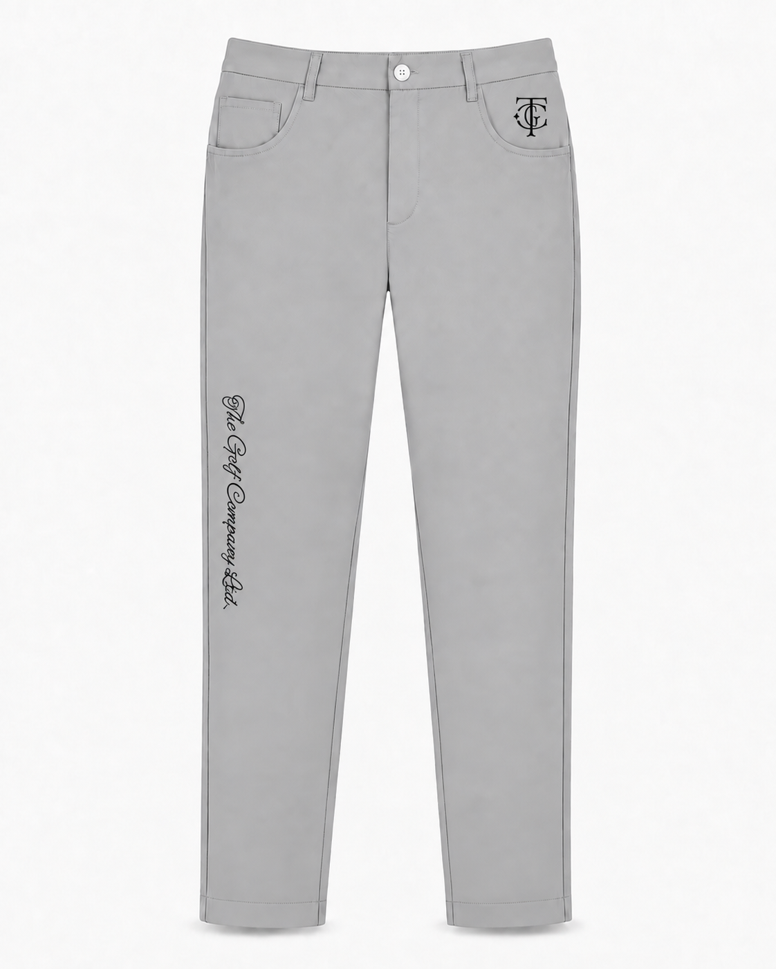 Light gray slim-fit jeans with black embroidered branding details, including a monogram logo on the right hip and 'Rat Club Amsterdam 44' on the left leg, shown against a plain white background.