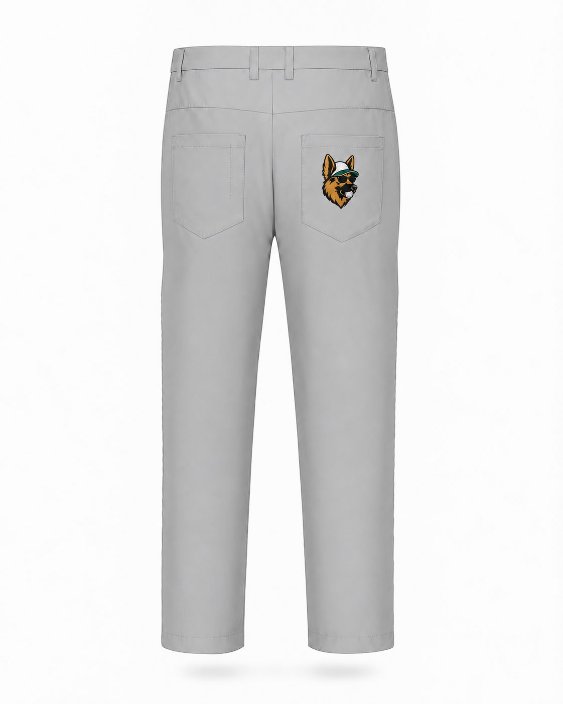 Light gray straight-leg pants shown from the back, featuring a small embroidered dog graphic on the right back pocket with a green hat and orange-brown ears.