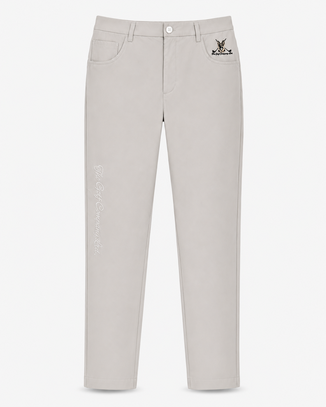 Light gray pants with a logo on the pocket on a white background